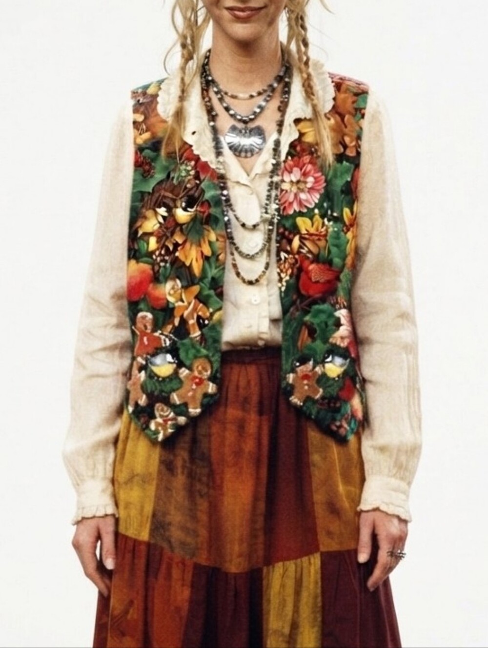 90s Unbranded Holiday Bird & Poinsettia Vest Green/Red L/XL